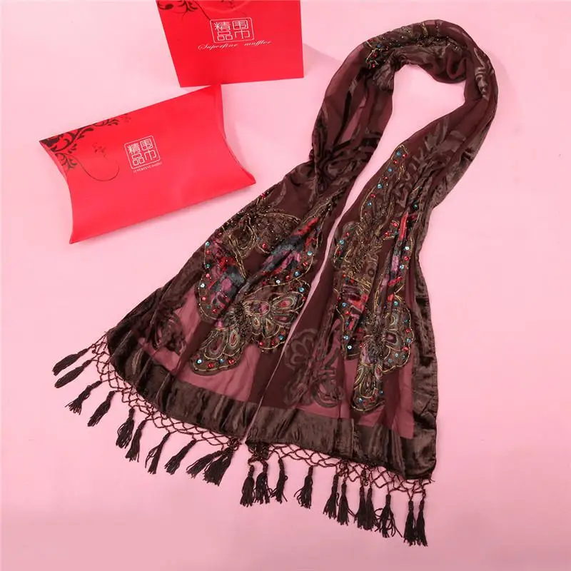 Цветок большой размеры бархат Шелковый шарф хиджаб для женщин девушка элегантный шаль печати Классическая упаковка глушитель Femme теплые Mujere Bufanda - Цвет: Коричневый
