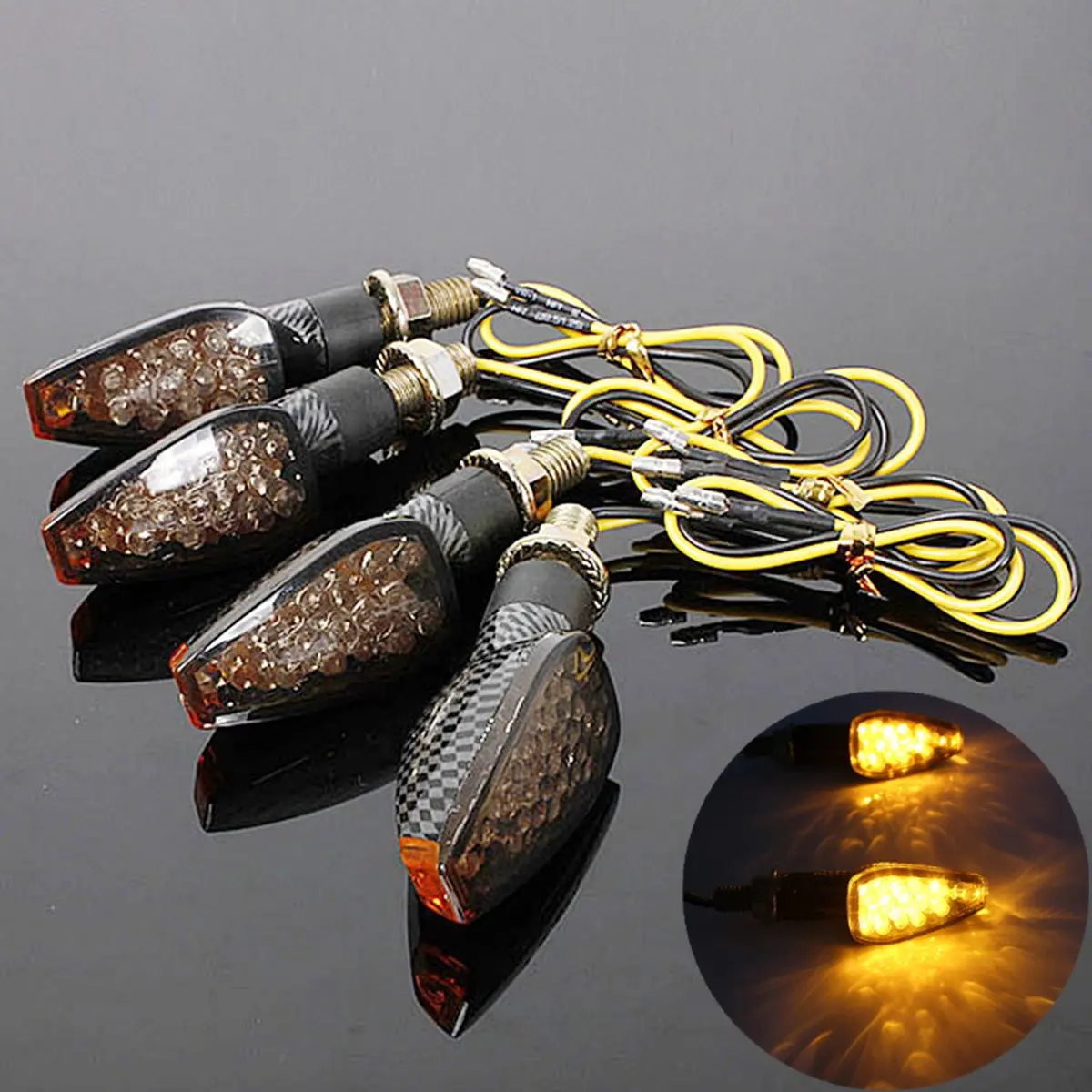 

4pcs Universal Motorcycle 15LED Carbon Turn Signal Indicator Light Lamp Amber Smoked Blinker E-mark E11