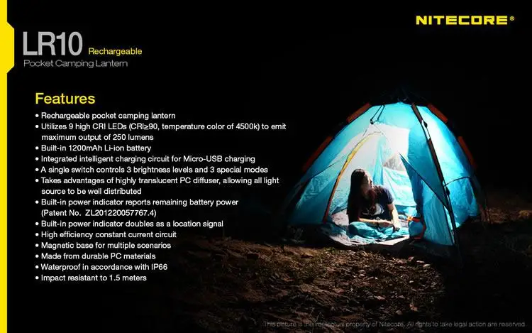 NITECORE LR10 250 люмен 9x светодиоды CRI теплый whithe свет открытый лагерь USB Перезаряжаемые ультра компактный многоцелевой Фонари 4 вида цветов