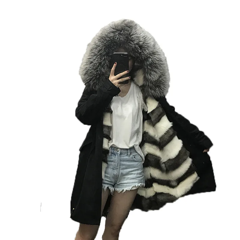 

Warm Silver Fox Fur Collar Coat Women Winter Real Fox Fur Liner Loose Warm Jacket With Hat Women Army Bomber Parka