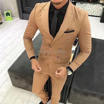 

Slim Fit Men Suits Double Breasted Brown Wedding Groom Tuxedo Peaked Lapel Prom Blazer 2 Piece Jacket Pants Latest Male Clothing