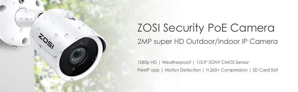 ZOSI ip-камера PoE 2MP HD IP66, защищенная от атмосферных воздействий, для улицы, в помещении, инфракрасное ночное видение, для безопасности, видеонаблюдение, слот для карты SD