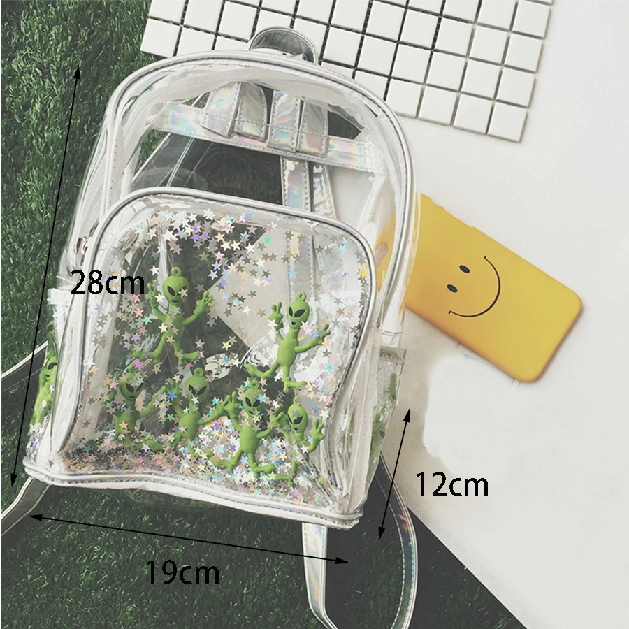 

Transparent Laser PVC Backpack Women Bookbag Holographic Laser Alien Star Women Travel Backpack Clear Itbag Bag For Teenage Girl