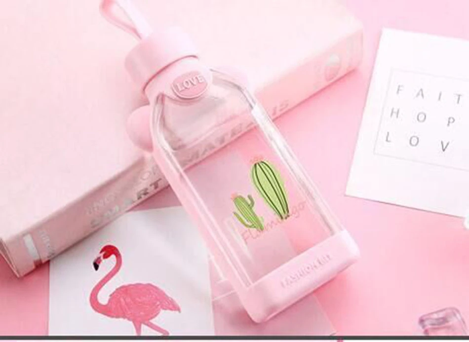 Kawaii Cute Glass Water Bottle Portable Rope Travel Mini Glass Cup Cactus Flamingo Girls School Office Glass Cup - Цвет: 2