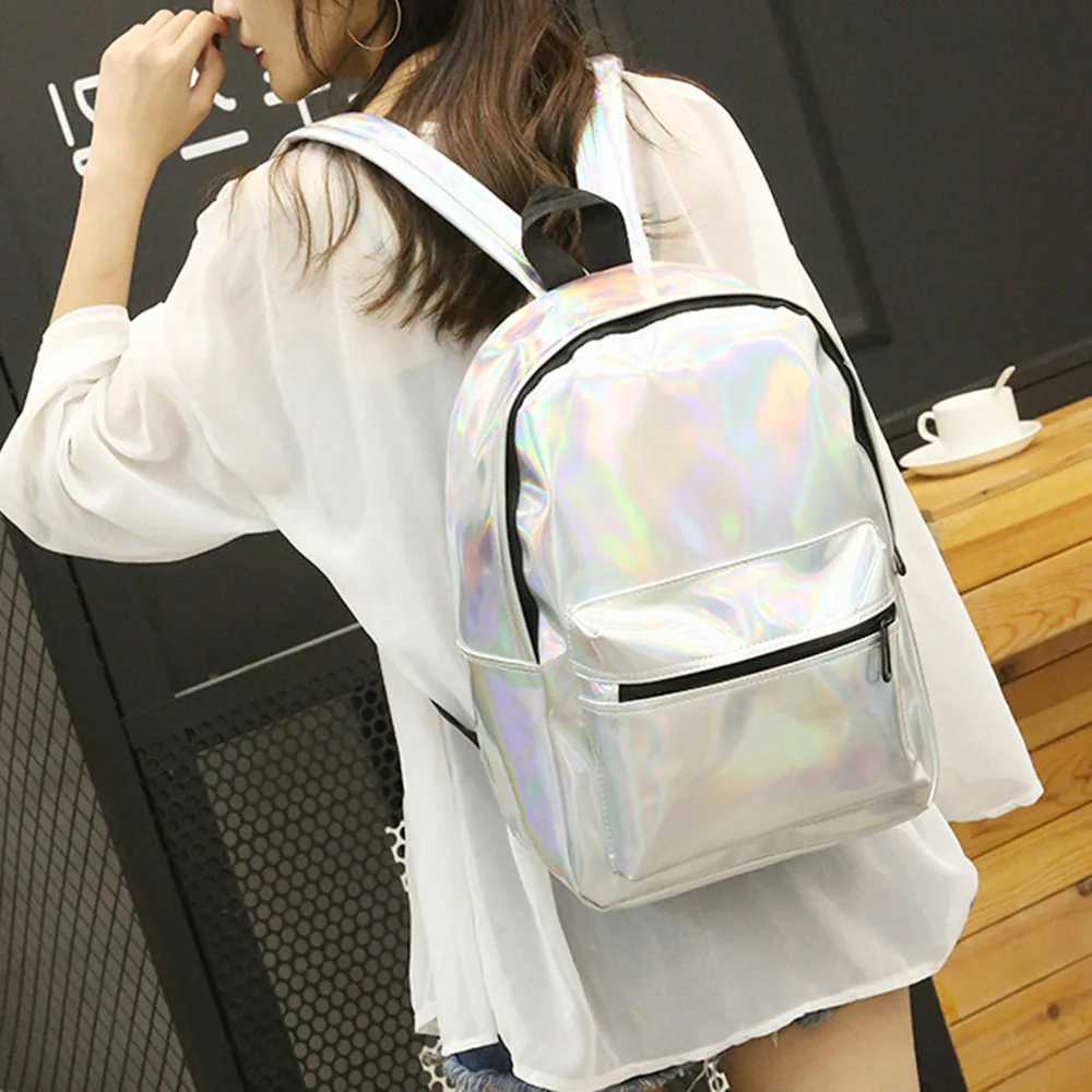 

Women Backpack Fashion Grils Mini Travel Shoulder Bag Silver Laser Backpack Girls PU Leather Small Backpack Solid Bookbag Bags
