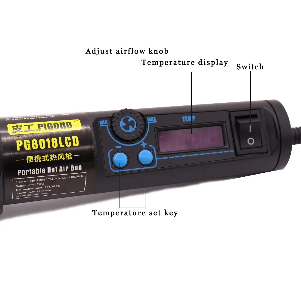 Hot 220V/EU 650W LCD Adjustable Electronic Heat Hot Air Gun Desoldering Soldering Station IC SMD BGA + 3Nozzle PG8018LCD