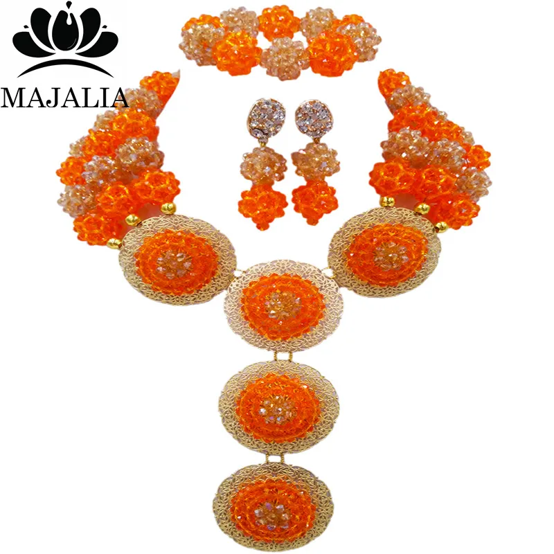 

Majalia Fashion Nigeria Wedding African Beads Jewelry Set Orange and gold ab Crystal Necklace Bridal Jewelry Sets 3SP031