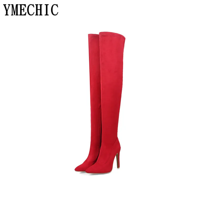 YMECHIC/ г. осенне-зимние ботфорты выше колена женские пикантные высокие сапоги с острым носком на высоком каблуке