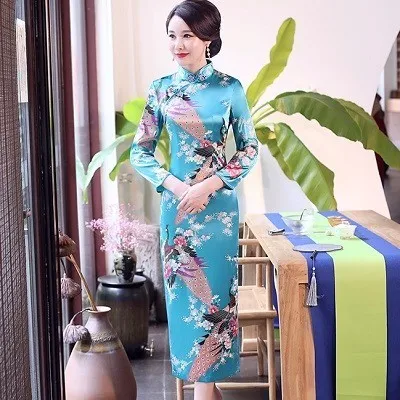 SHENG COCO китайское традиционное платье Cheongsam Qipao с длинным рукавом женское темно-синее длинное вечернее Ципао Drees размера плюс 6XL - Цвет: Royal blue-A