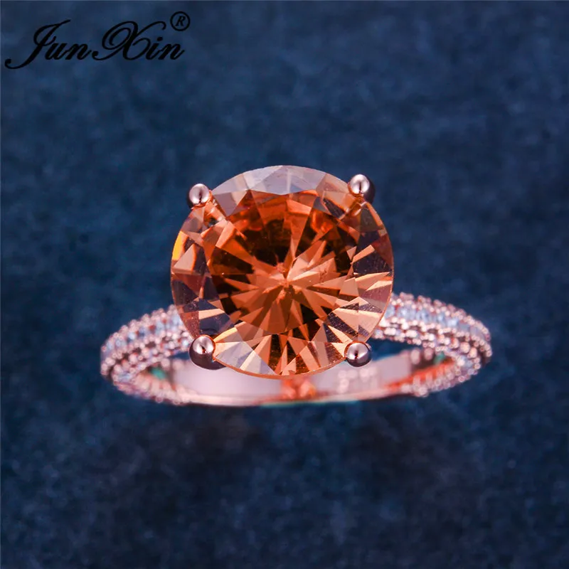 JUNXIN, милое шампанское, кристалл, большой круглый камень, кольца для женщин, розовое золото, кольцо, обручальные кольца, бохо, циркон, обещания, обручальные кольца
