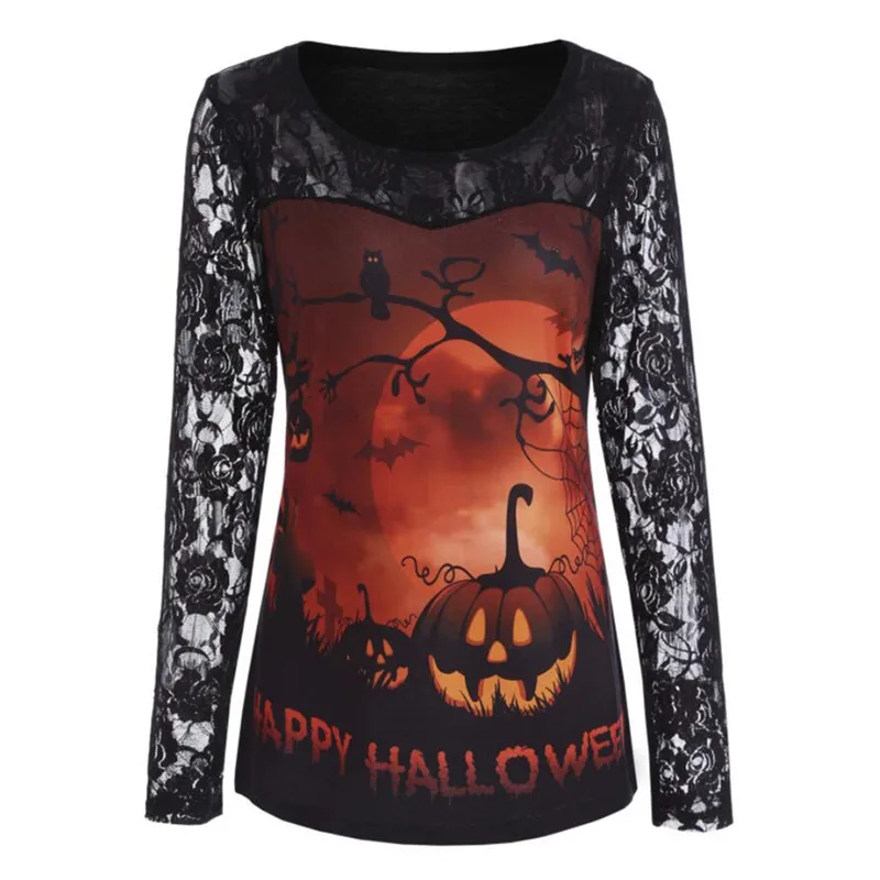 

New Women Halloween Pumpkin Print Lace Stitching Long Sleeve Shirt 3d Print t-shirts Slim Top wear dropshipping