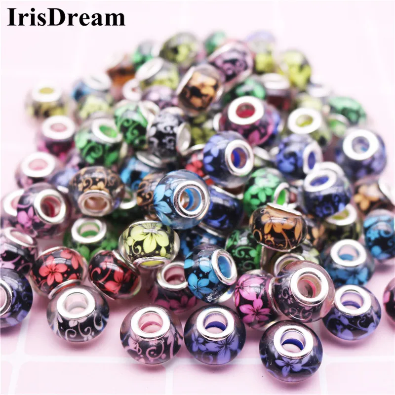 

10PCS 14MM Round Loose Flower Resin Murano Glass Beads Fit For Pandora Charms Silver 925 Original Bracelets Jewelry