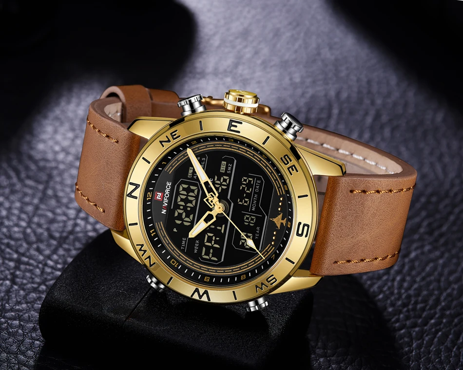 NAVIFORCE Топ люксовый бренд Мужские часы кожа кварцевые наручные часы двойной дисплей цифровые модные спортивные часы Relogio Masculino подарок