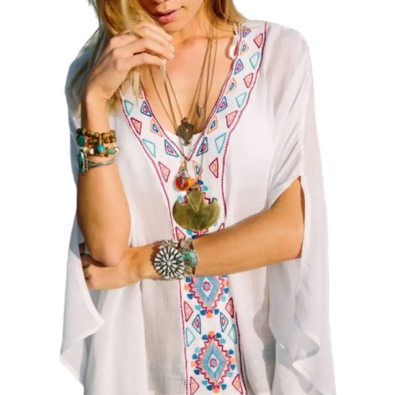 

Womens Chiffon Half Batwing Sleeves Pullover Tops Ethnic Colored Triangle Embroidered Deep V-Neck Swimsuit Cover Up Oversized Se