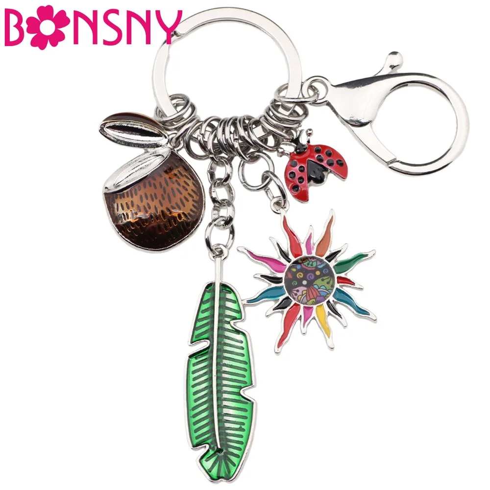 

Bonsny Alloy Tropic Coconut Leaf Sun Flower Key Chain Keychains Ring Fashion Jewelry Gift For Women Girls Handbag Car Charms Hot