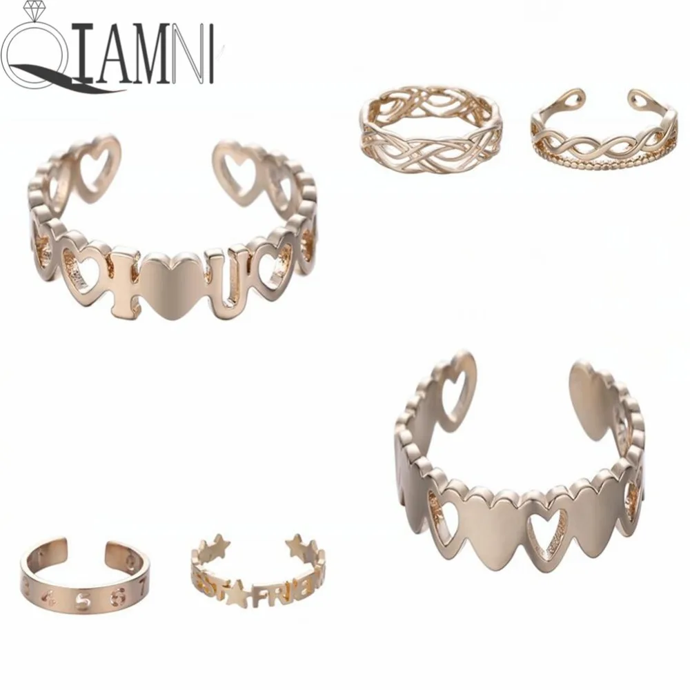 

QIAMNI Gold Color Star BEST FRIEND Number Heart Infinite Stackable Finger Ring Cocktail Geometric Toe Foot Ring Bague Femme