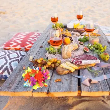 

149pcs Hawaiian Table Skirt Palm Leaves Flowers Multicolored Umbrellas 3D Fruit Straws For Hawaiian Luau Party Table Decorations