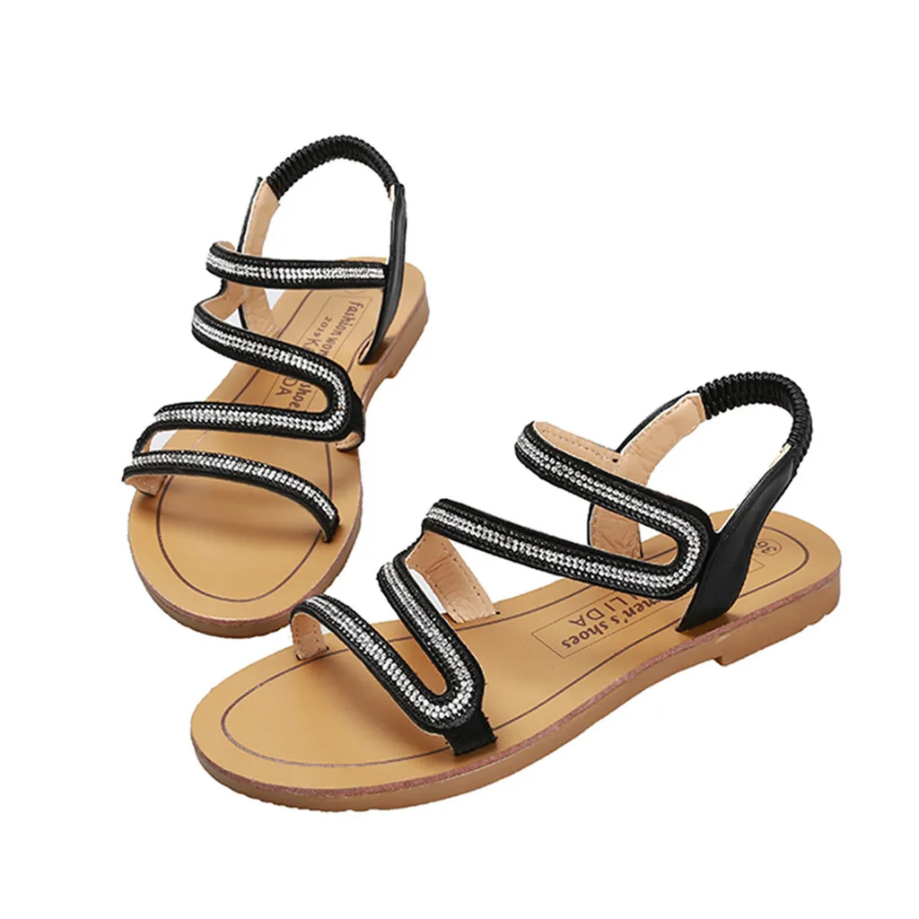 

SAGACE Summer Women' Shoes Open-Toe Rhinestone Flat Sandals Elastic Band Casual Sandals Sexy High Quality Summer Ladies Shoes