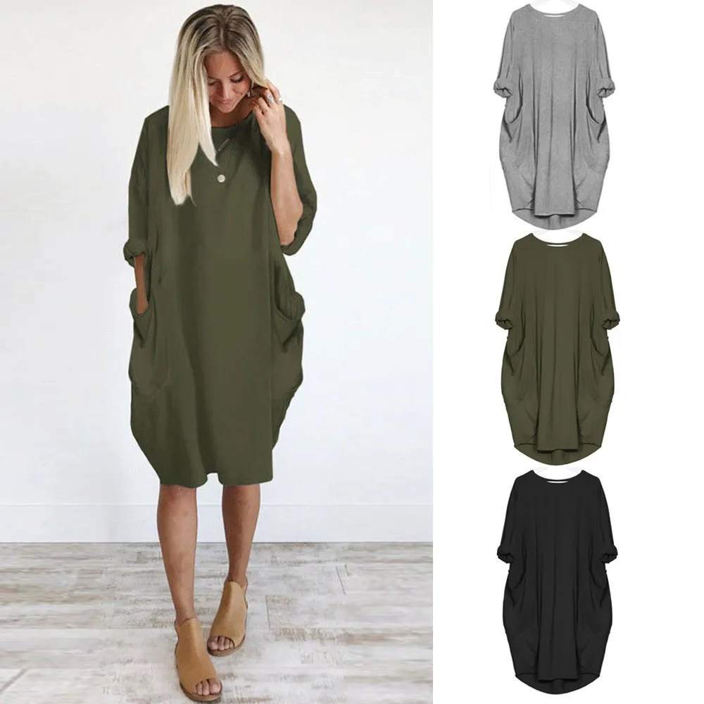 Image Womens Summer Fashion Daily Pocket Loose Maxi Dress Ladies Crew Neck Casual Long Tops Plus Size Vintage Loose Holiday Dress