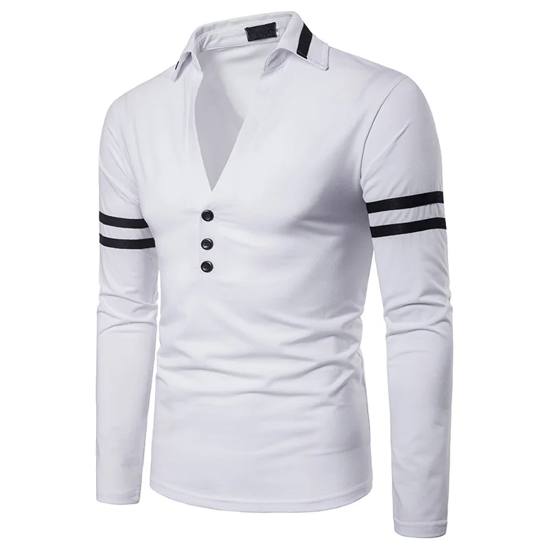 Solid V-Neck Men's Long Sleeve Polo Shirt Autumn Casual Sporting Shirt Tops Fashion Men Clothing Slim Fit Polos EU Size - Цвет: White EL102