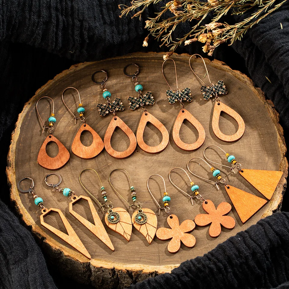 

Unique Handmade wood Water droplets Earring for women Ethnic Hollow Flower Long tassel Women's earrings Charm Dangle Earring