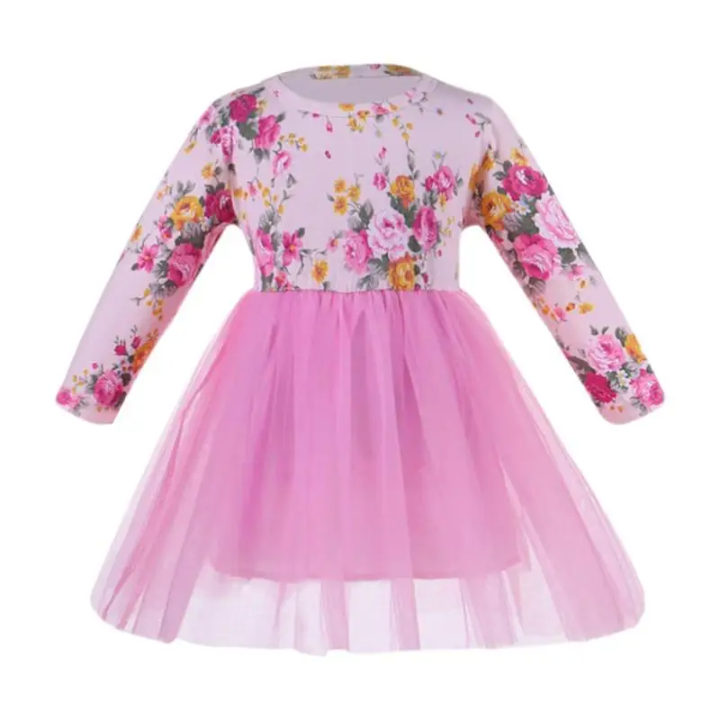 

Girls Floral Print O-Neck Princess Dress Stitching Gauze Swing Kids Clothes