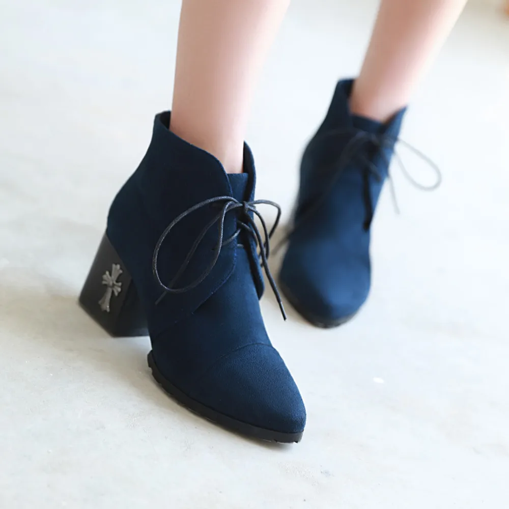 

2017 New Arrival Korean Style Women Autumn Winter Thick Mid Heel Lace Up Pointed Toe Fashion Martin Boots Size 34-39 SXQ0731