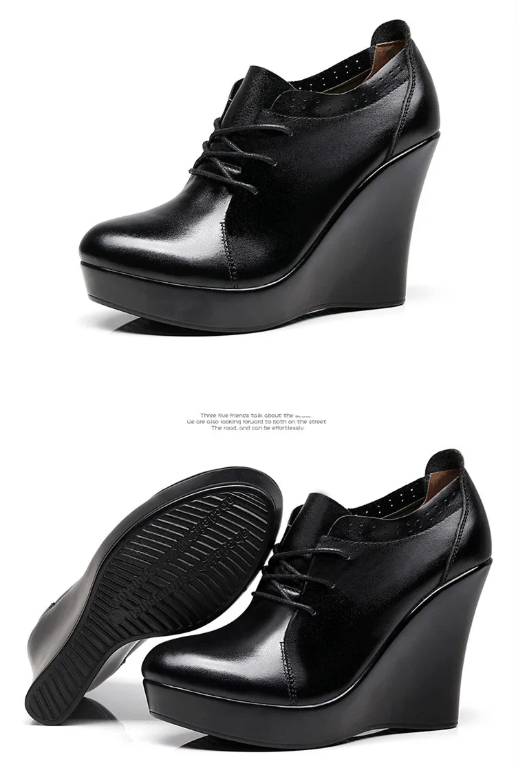 Женские туфли на танкетке со шнуровкой размера плюс 33-41 г. Осенние туфли-лодочки на платформе женские черные офисные туфли на высоком каблуке Дамская обувь 11 см