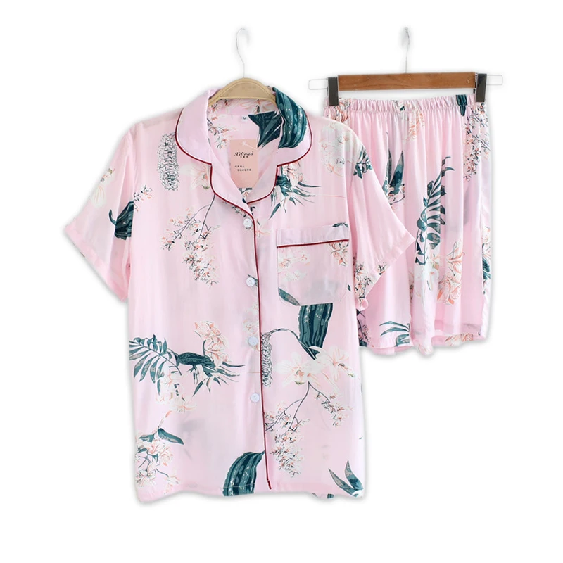 

Sexy pink rayon Floral short pajamas sets women sleep indoor korean Fresh pyjamas Summer short sleeves pijamas de las mujeres