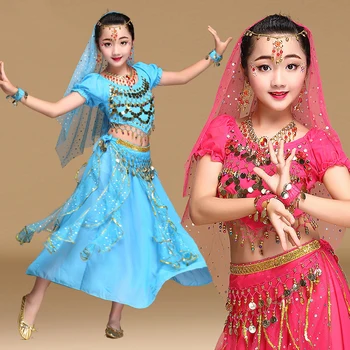 

Belly Dance Costumes 2018 New Indian Dress For Kids Girls Gypsy Dance Skirt Six One Indian Belly Dance Stage Show Suit DN1394