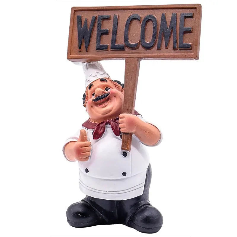 Koop Creatieve Hars Chef Hold Welkom Card Beeldje Ornament Home Decor Craft Chef Miniatuur Bakkerij Keuken Eetkamer Desktop Decor Gift