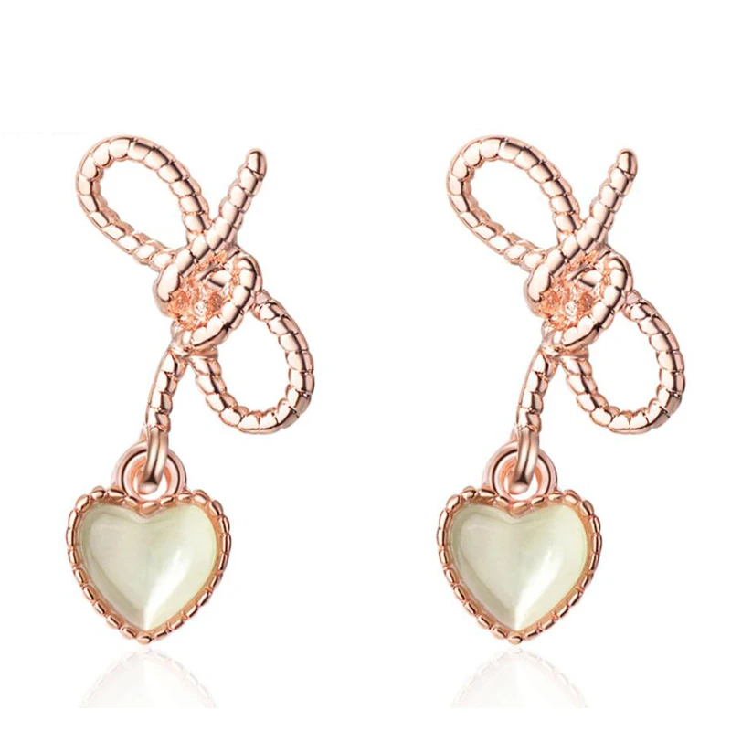 

New Rose Gold 925 Silver Earrings For Women Exquisite Green Crystal Love Heart Hollow Bowknot Earring Girl Birthday Gift Jewelry