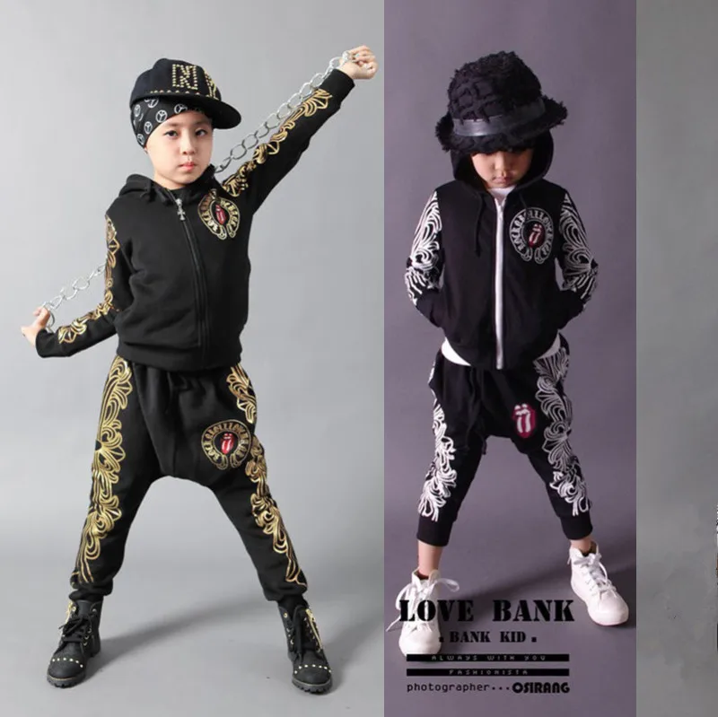 

Fashion spring autumn children's clothing set gold Print Costume kids sport suits patchwork Hip Hop dance pant & sweatshirt