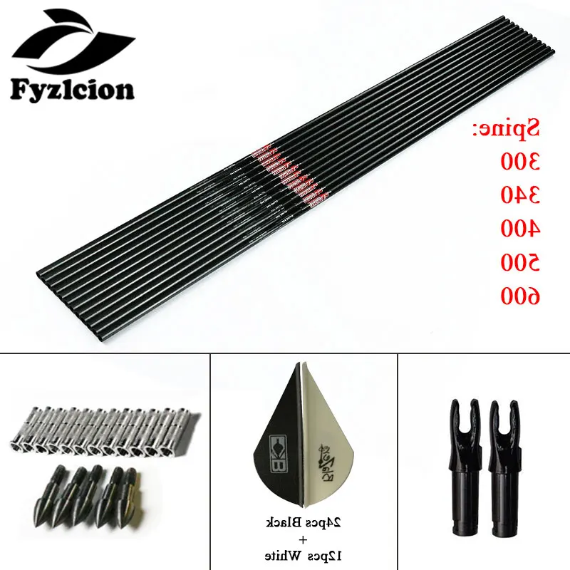 

12pcs Hunting Archery Crossbow Carbon Arrow Shafts Sp300 30inch Arrow Insert Target Point Turkey Fletching Nock for Compound Bow