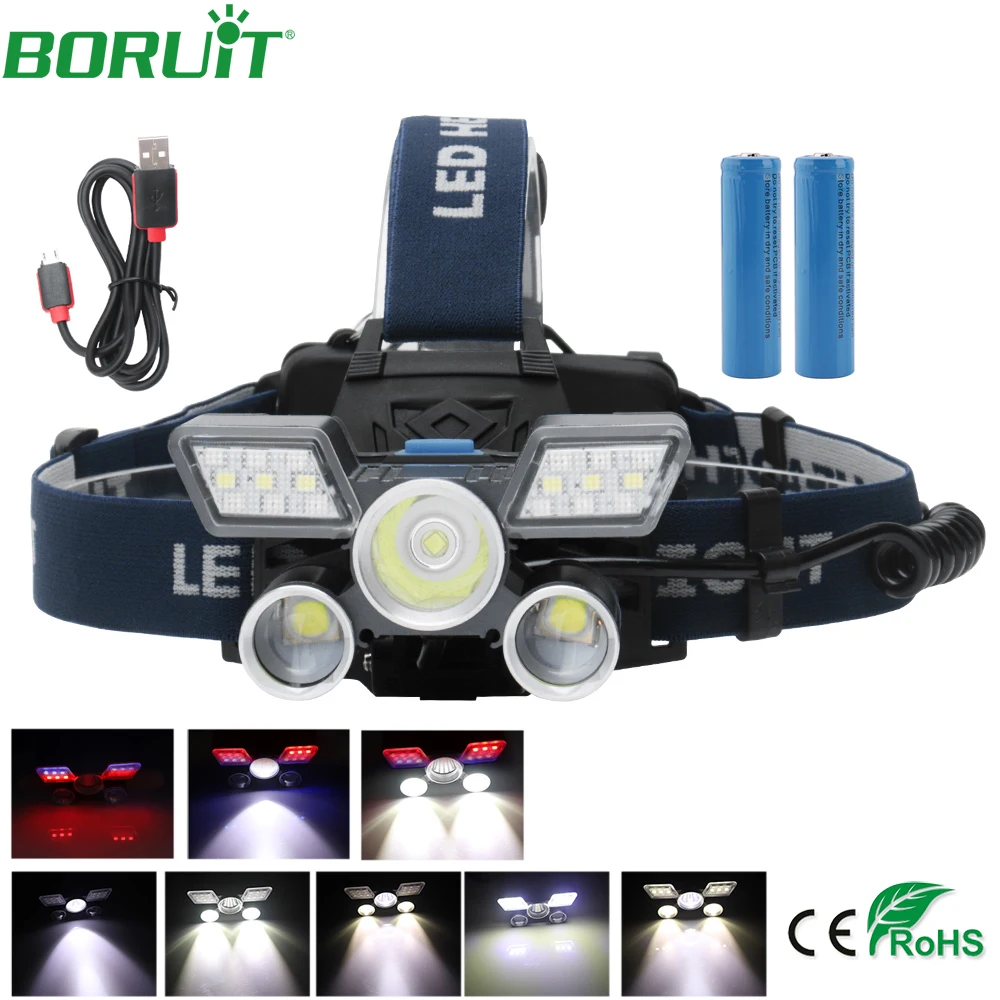 

BORUiT L2 LED Headlamp Flashlight USB Rechargeable Lanterns Camping Hunting Fishing Head Torch Light Red Blue Warning Lamp