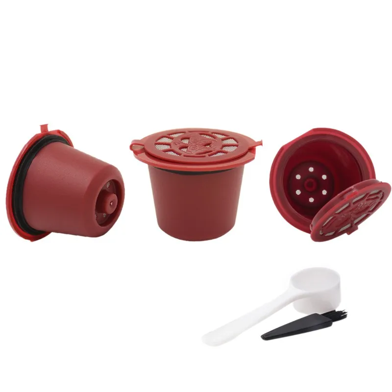 Drop Shipping 3pcs Coffee Filter Reusable Refillable Coffee Capsule Eco-friendly Filters For Nespresso With Spoon And Brush 20ML - Color: Red