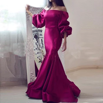 

Top Quality Fuchsia Satin Mermaid Prom Gowns 2018 Vestidos de fiesta Off Shoulder Africa Long Sleeves Evening Wear Formal Dress