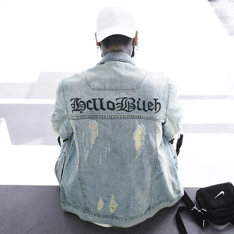 

Embroidery Jeans Men Blue CoatJeans Denim Jacket Orersize Loose Coats Vintage Hip Hop Fashion Jacket