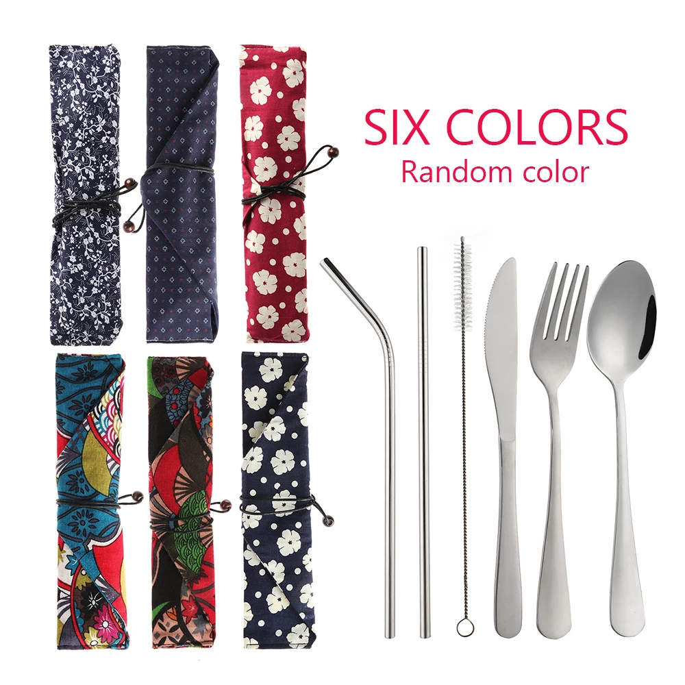

1Set Stainless Steel Drinking Straw Dinnerware Set Cleaning Brush Flatware Portable Cloth Bag Cutlery Kitchen Tableware
