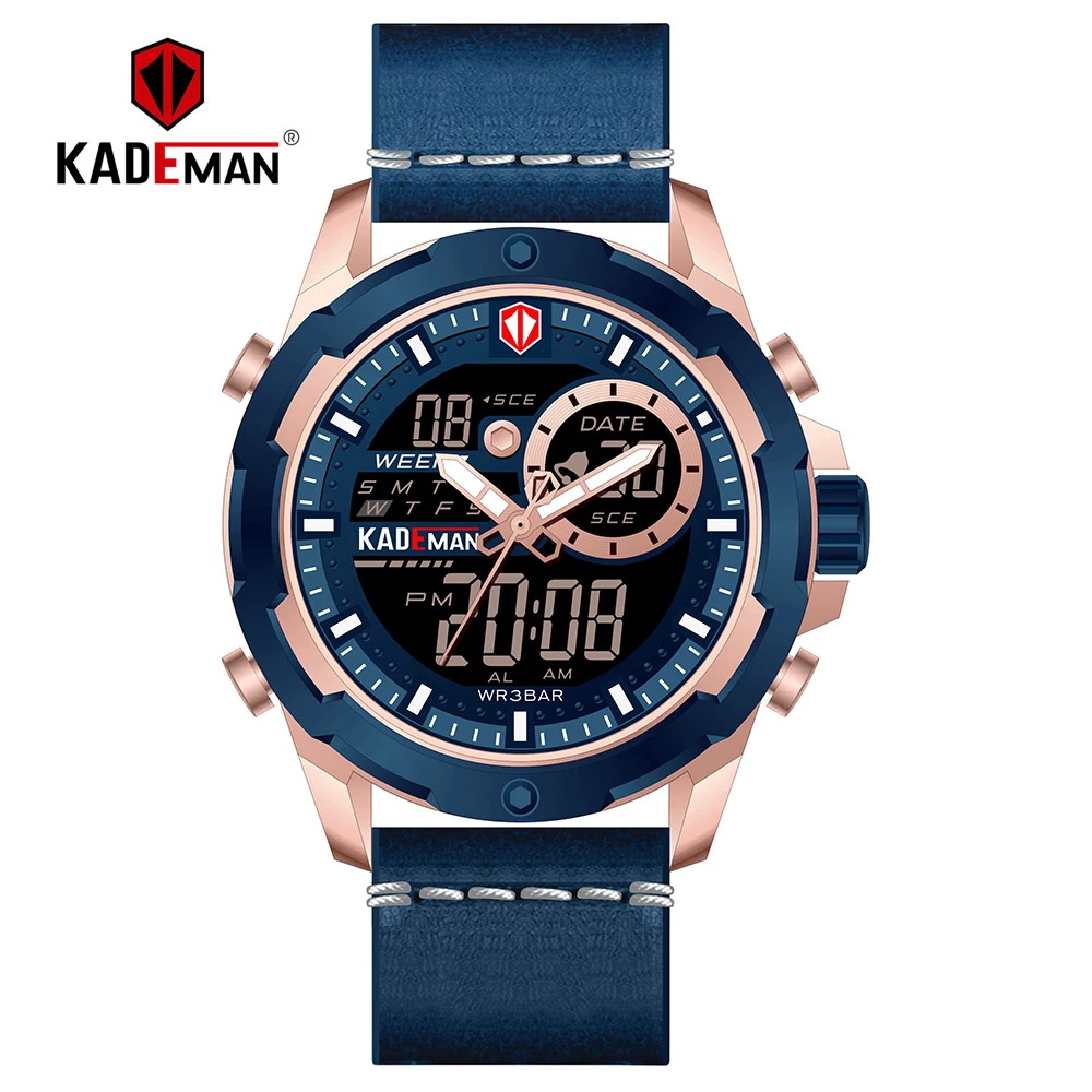 

KADEMAN New Sports Men Watch Luxury Dual Display Digital Watch TOP Brand Quality Wristwatch Waterproof Leather Relogio Masculino
