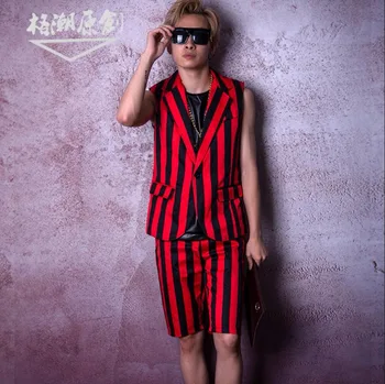 

Nightclub male singer DSDJ big catwalk GD red and black stripes classic suit vest hairdresser bar show clothes costumes !