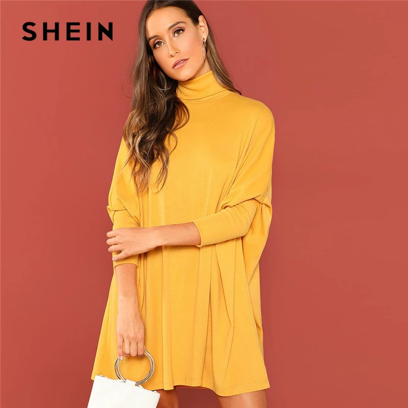 

SHEIN Ginger Turtle Neck Tassel Detail Cape Dress Casual High Neck Long Sleeve Straight Short Dresses Women Autumn Elegant Dress
