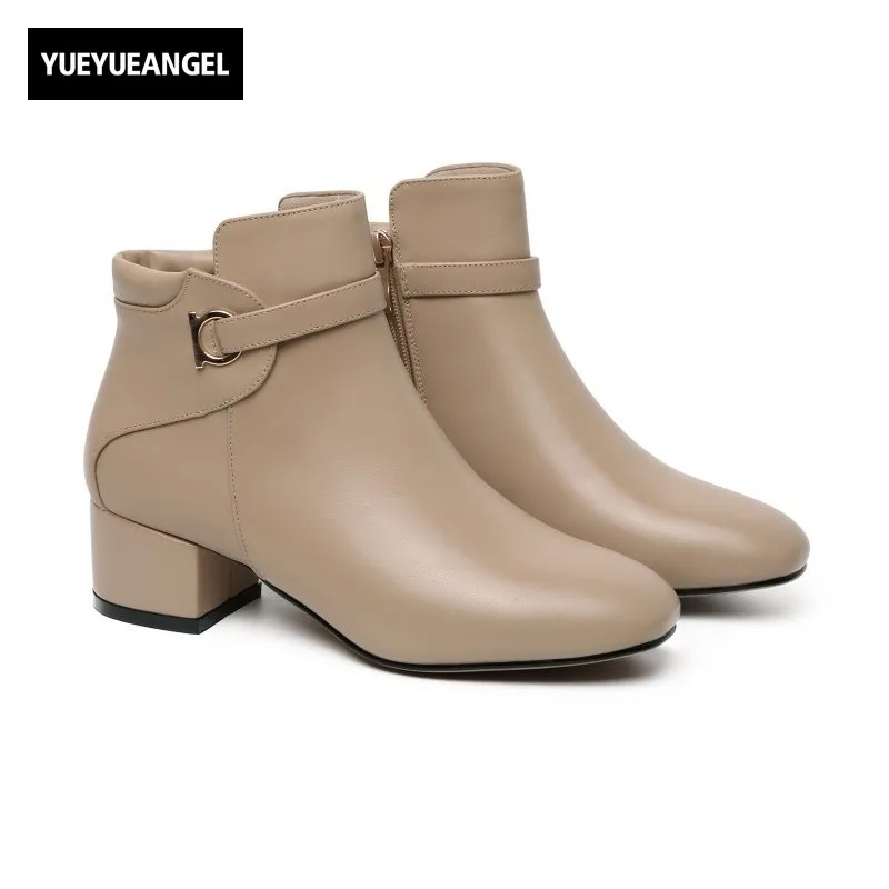 

Personality Buckle Cow Genuine Leather Shoes Comfort Block Med Heel Womens Ankle Boots Punk Zipper British Knight Boots Footwear