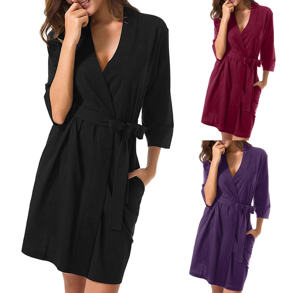 

Women Solid 3/4 Sleeved Robe Bandage Kimono Bathrobe Loungewear Sleepwear Dress bathrobe women dressing gown Free Shipping
