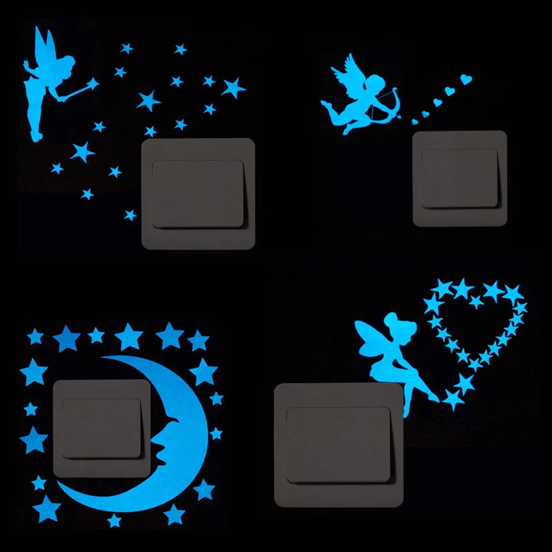 

Blue-light Luminous Switch Sticker Home Decor Cartoon Glowing Wall Stickers Dark Glow Decoration Cat/Fairy/Moon Stars