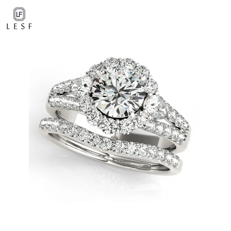 

LESF 925 Sterling Silver Engagement Ring Sets Trendy 1.0 ct Simulated Sona Wedding Band Jewelry For Women Ring Sets