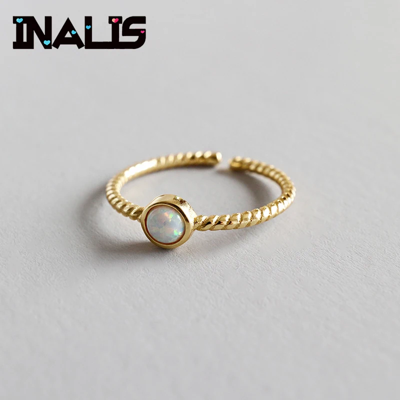 

INALIS New Simple Design S925 Sterling Silver Yellow Gold Plated Hemp Pattern Circle with Single Opal Stone Finger Ring for Girl