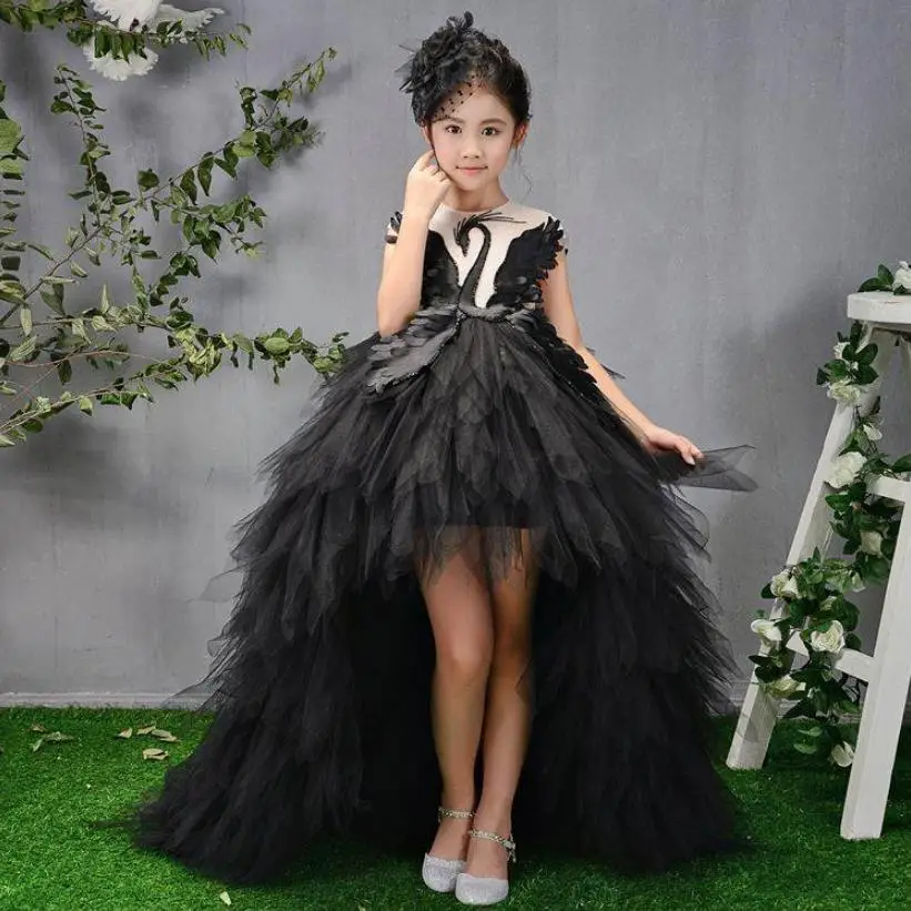 Роскошные платья для девочек с цветочным рисунком и шлейфом; бальное платье; детское платье для торжеств; высококачественное платье принцессы с перьями для дня рождения; vestidos; Y421