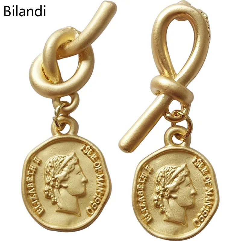 

Simple Baitao Ear Drop F Retro Ancient Head Gold Coin Earrings Baroque Irregular Earrings Temperament Female E7231