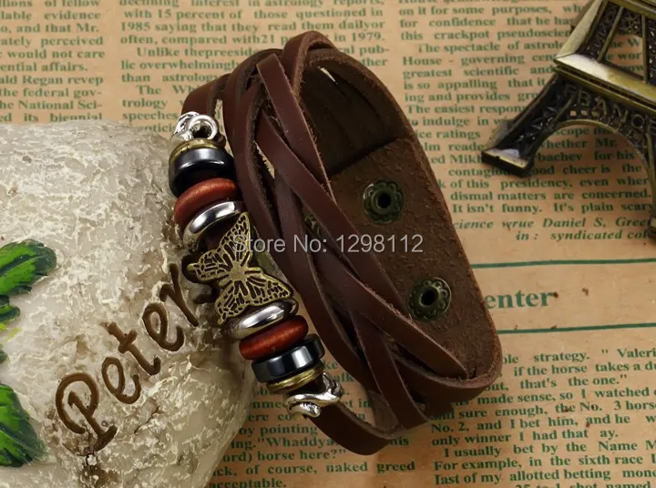 Vintage old bronze bracelet Jewelry genuine cow leather two buttons Bangles with shinning crystal drill adjustalbe For men SL21 | Украшения